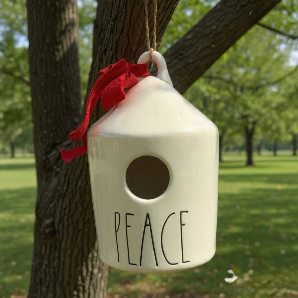 Rae Dunn artisan collection -Peace-Ceramic Birdhouse with Teal Ribbon
